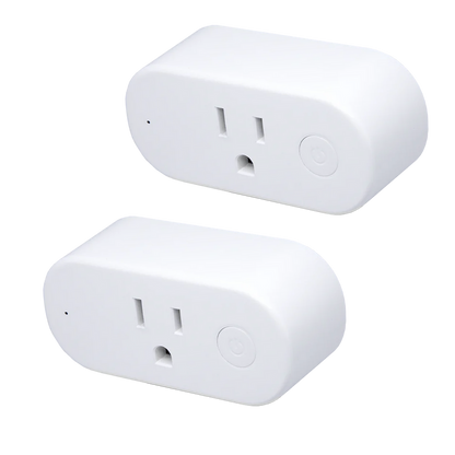 Two white smart plugs on a white background