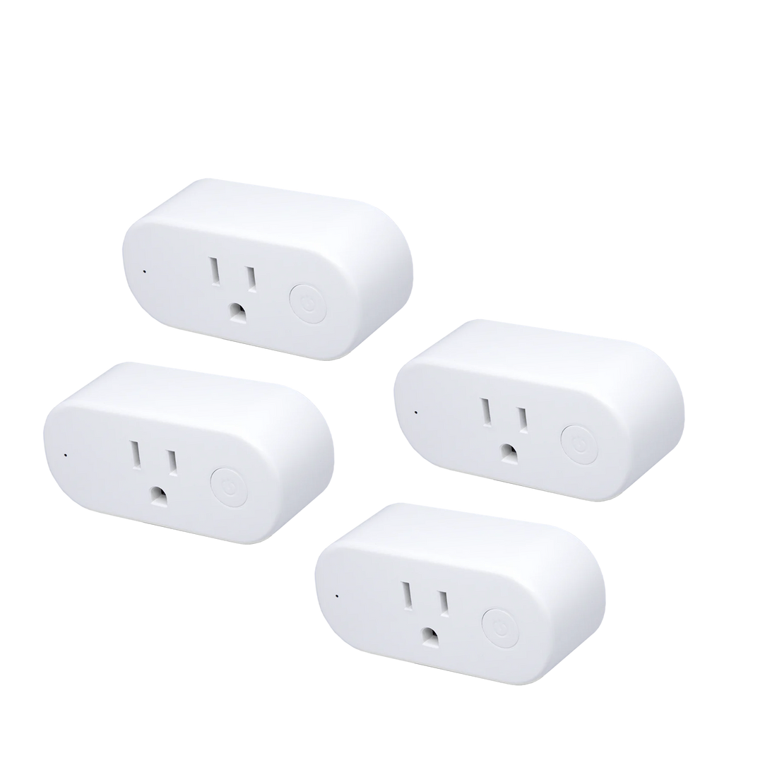 Four white smart plugs on a white background
