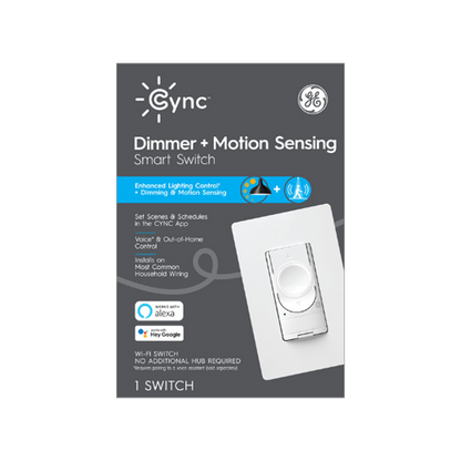 Sensor de movimiento Cync + estilo de botón de atenuación inteligente (3 cables/sin neutro) (el embalaje puede variar)