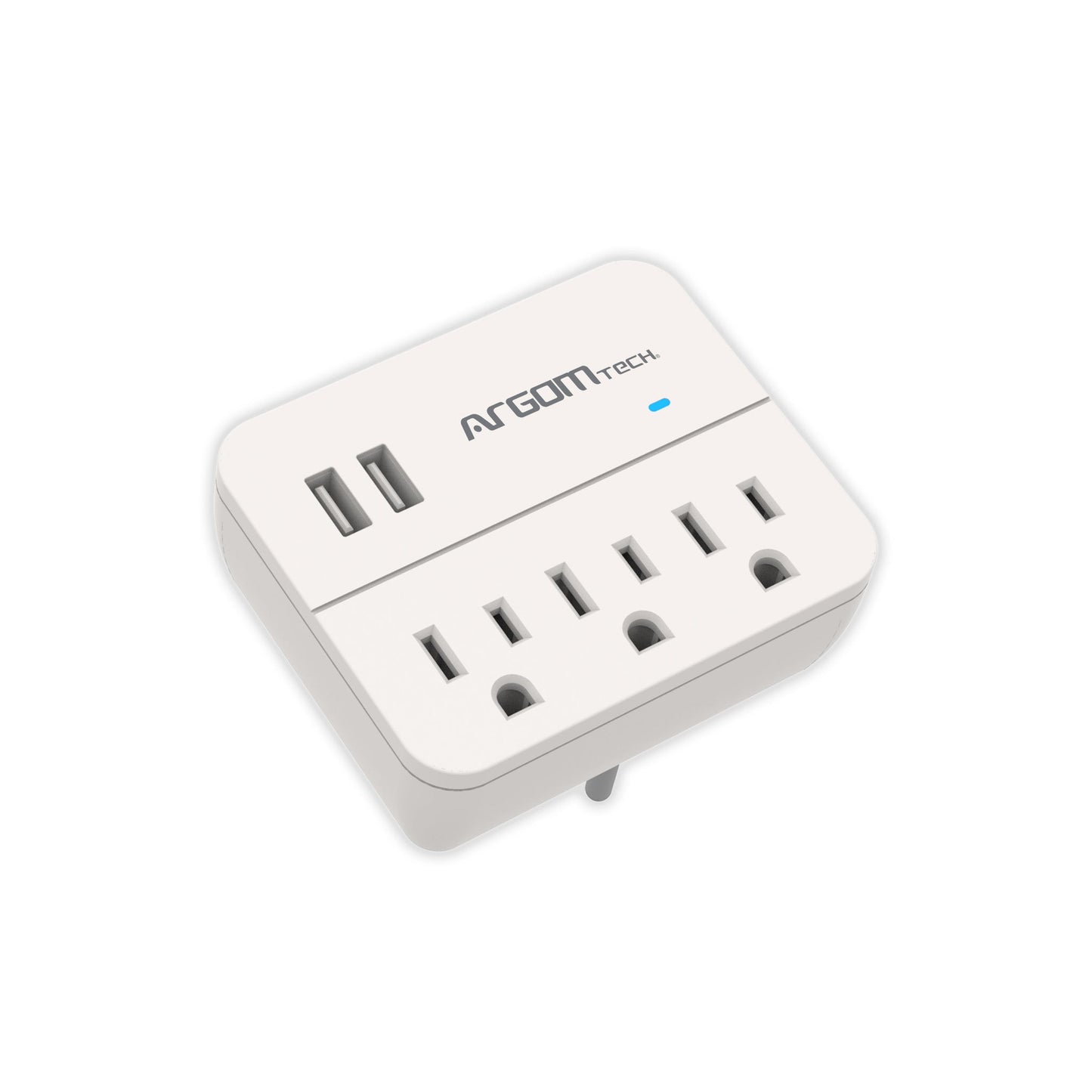 Adaptador de pared de 3 salidas con 2 puertos USB Protección contra sobretensiones. Certificación ETL.