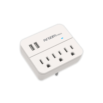Adaptador de pared de 3 salidas con 2 puertos USB Protección contra sobretensiones. Certificación ETL.