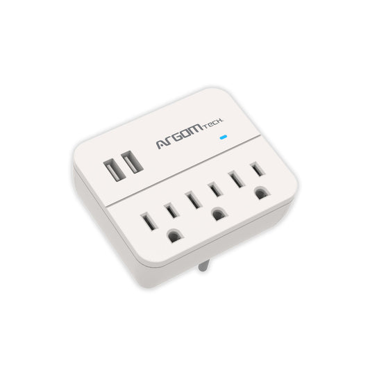 Adaptador de pared de 3 salidas con 2 puertos USB Protección contra sobretensiones. Certificación ETL.
