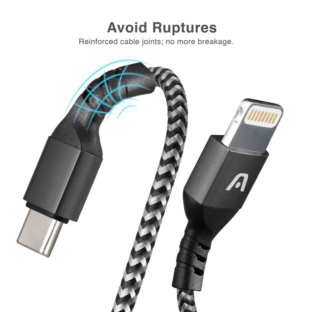 Cable USB Type-C to Lightning - FAST CHARGE & SYNC - Nylon Braided - Metal Connector - Flexible Cable Joint - 6FT/1.8M