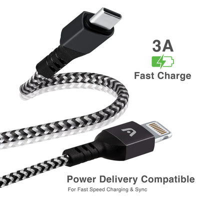 CABLE USB tipo C a Lightning - CARGA RÁPIDA Y SINCRONIZACIÓN - Trenzado de nailon - Conector de metal - Empalme de cable flexible - 6FT/1.8M