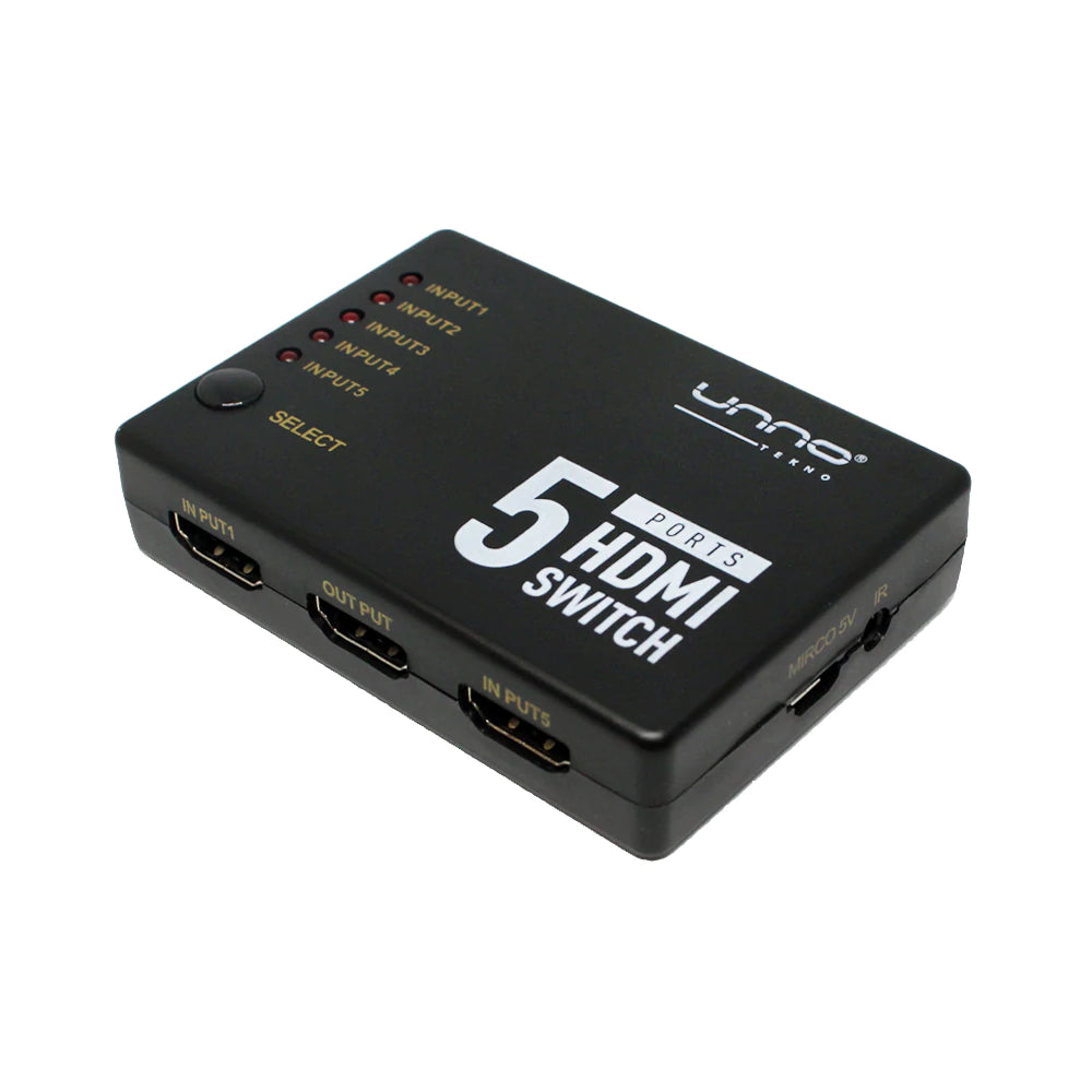 Switch HDMI 5 puertos 4K/2K - Compatible con 3D - HDMI 1.4 y HDCP 1.4 - Switch automático - Vable alimentado por USB - Control remoto con receptor IR.