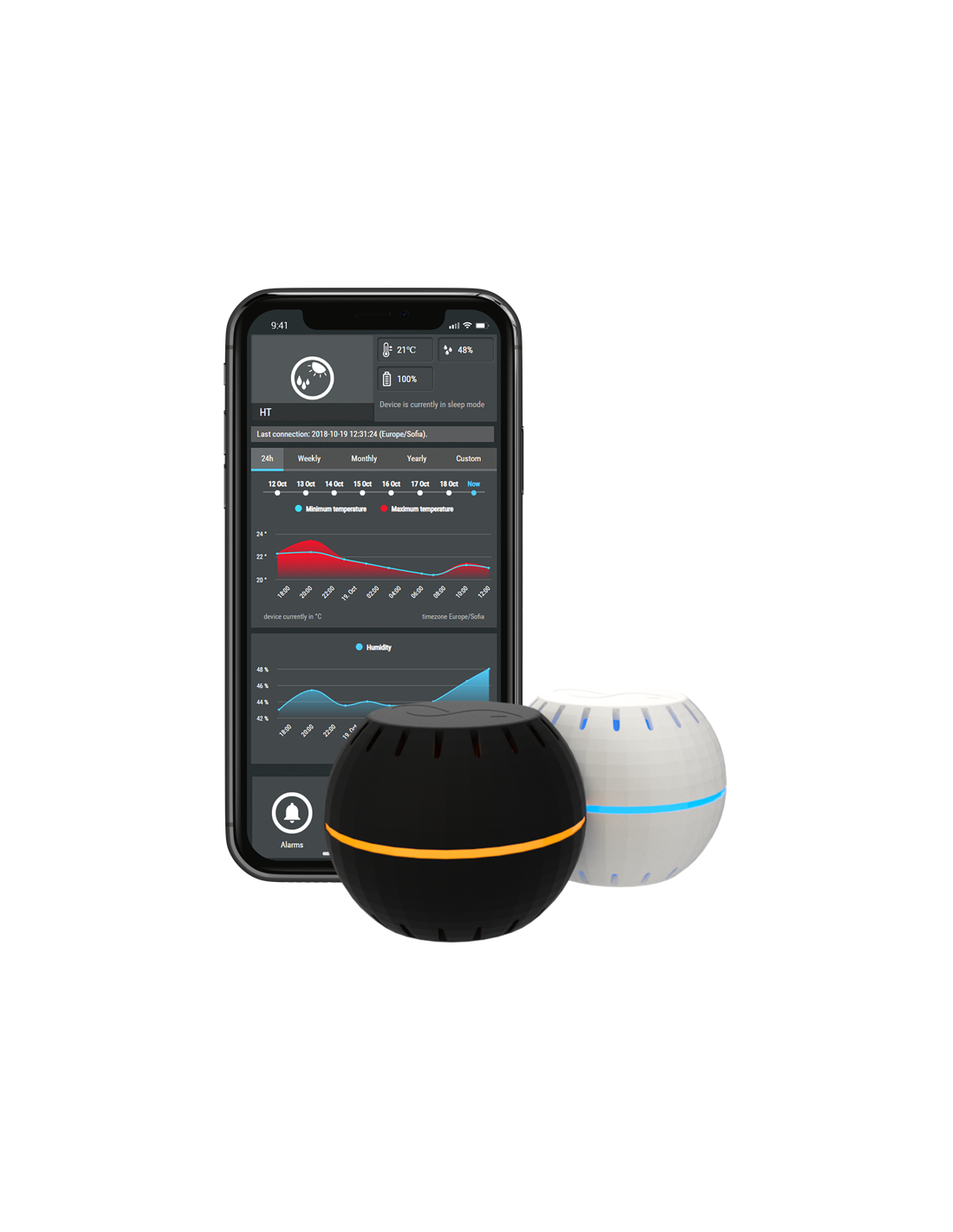 a Shelly black and white sensor. in the background a mobile phone with the shelly app