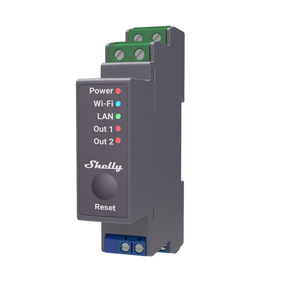 Shelly Pro 2. Relé inteligente profesional de 2 canales para carril DIN hasta 25A con conexión Wi-Fi, LAN y Bluetooth