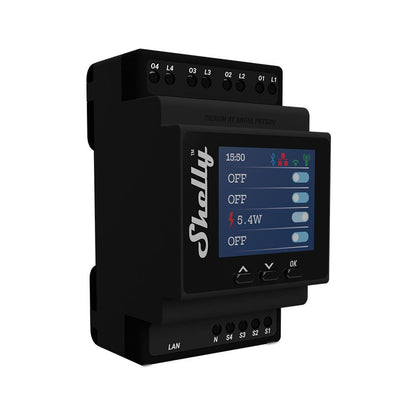 Shelly Pro 4 PM. Relé inteligente profesional de carril DIN de 4 canales hasta 40A con medicion de potencia. Conexión Wi-Fi, LAN y Bluetooth