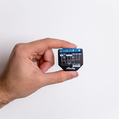 Shelly Plus 2 PM. One-phase, two channel smart relay with power consumption supporting up to 10A per channel and 16A total current (18A peak).