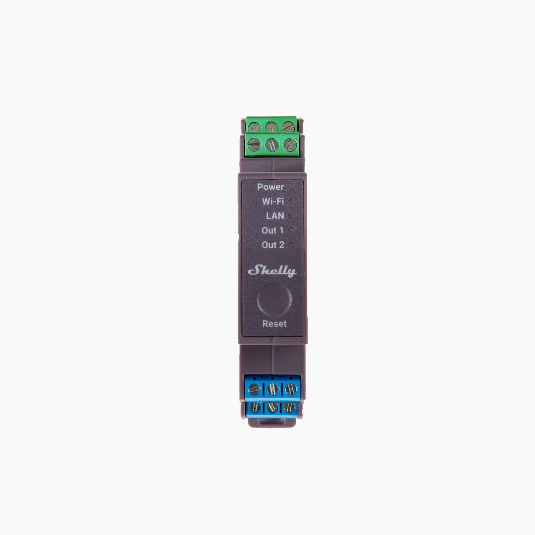 Shelly Pro 2. Relé inteligente profesional de 2 canales para carril DIN hasta 25A con conexión Wi-Fi, LAN y Bluetooth
