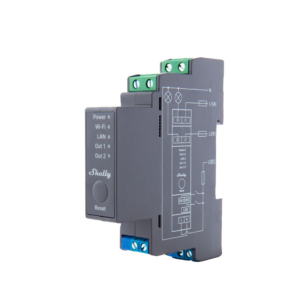 Shelly Pro 2. UL Certified. Professional 2-channels DIN rail smart relay switch up to 25A with Wi-Fi, LAN and Bluetooth connection
