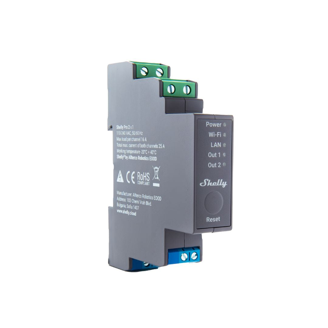 Shelly Pro 2. UL Certified. Professional 2-channels DIN rail smart relay switch up to 25A with Wi-Fi, LAN and Bluetooth connection