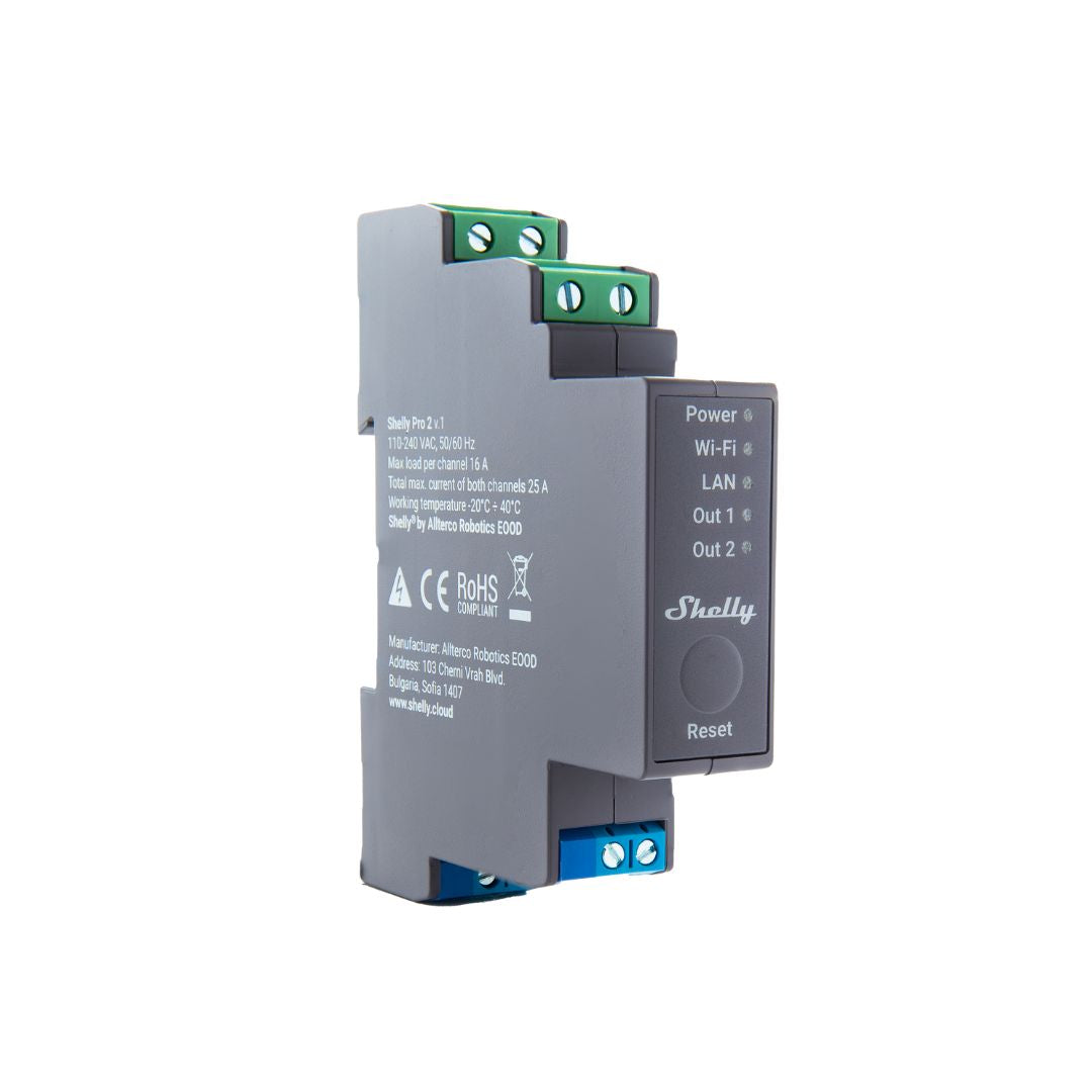 Shelly Pro 2. Relé inteligente profesional de 2 canales para carril DIN hasta 25A con conexión Wi-Fi, LAN y Bluetooth