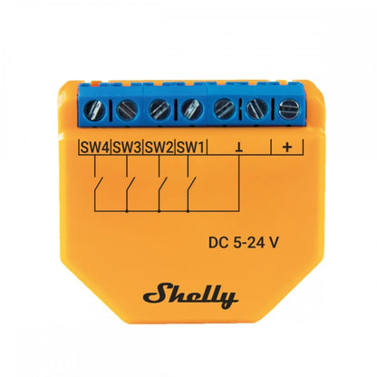 Shelly Plus I4 DC. Wi-Fi operated DC 4 digital inputs controller for Smart Scenes and enhanced actions control.