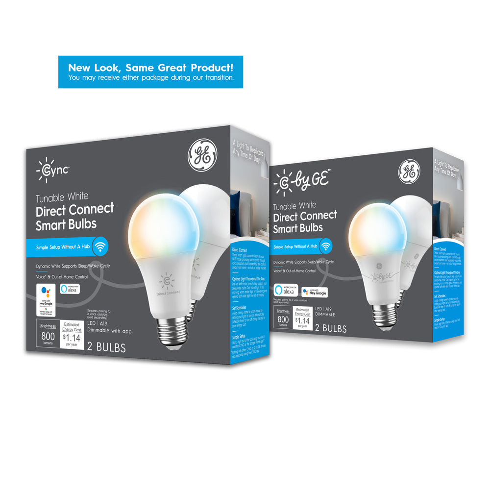 Bombilla inteligente Cync Tunable White A19. Bluetooth y Wi-Fi, funciona con Alexa y Google Home (paquete de 2; el empaque puede variar)